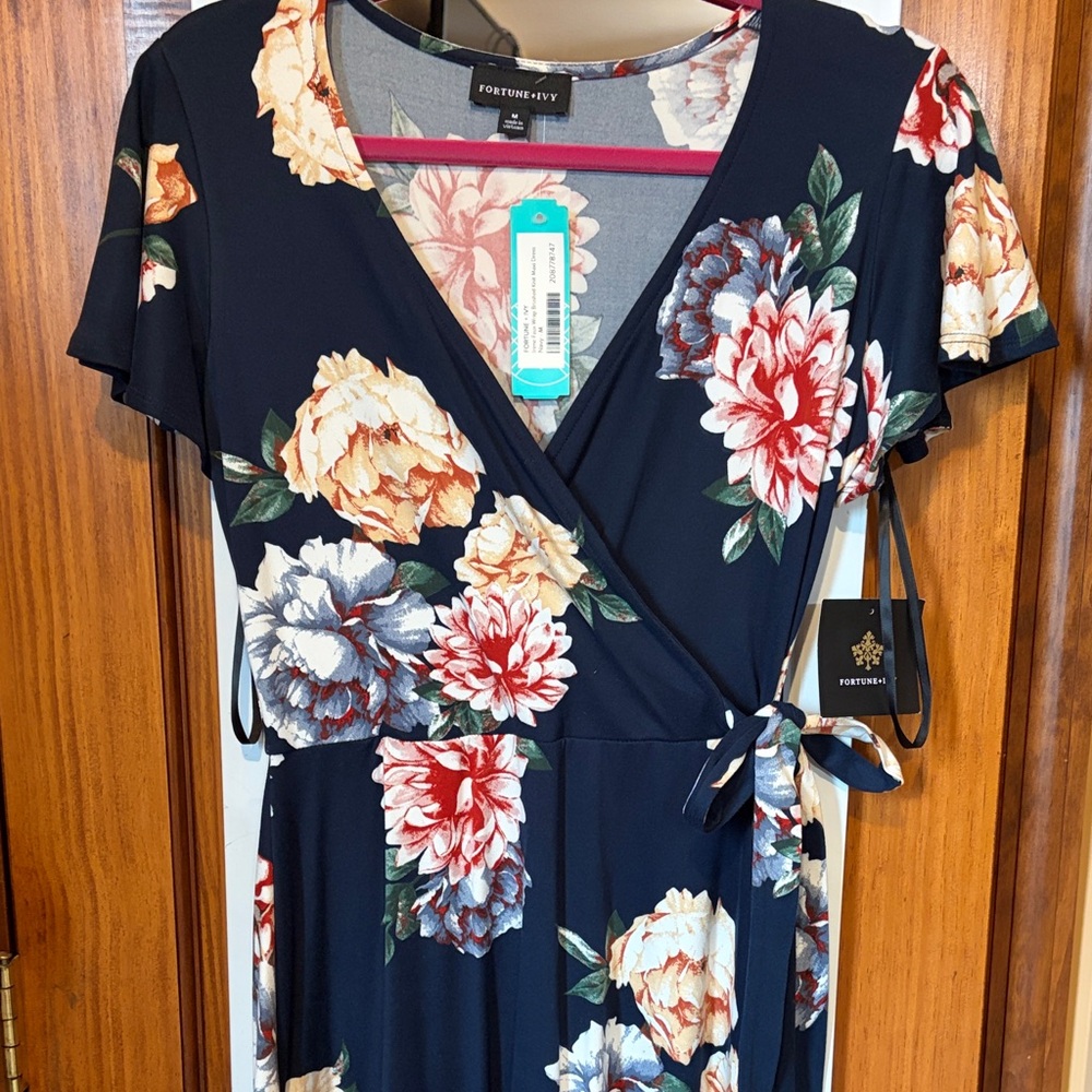 Fortune + Ivy Navy Floral Wrap Dress with Pink & Cream Blooms